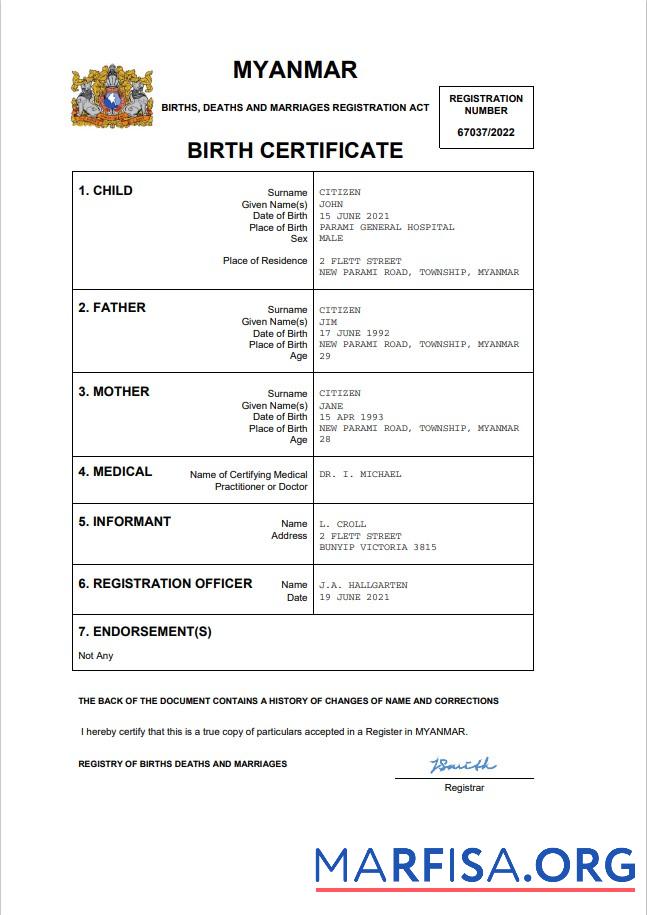 Blank Myanmar vital record birth certificate Word and PDF template